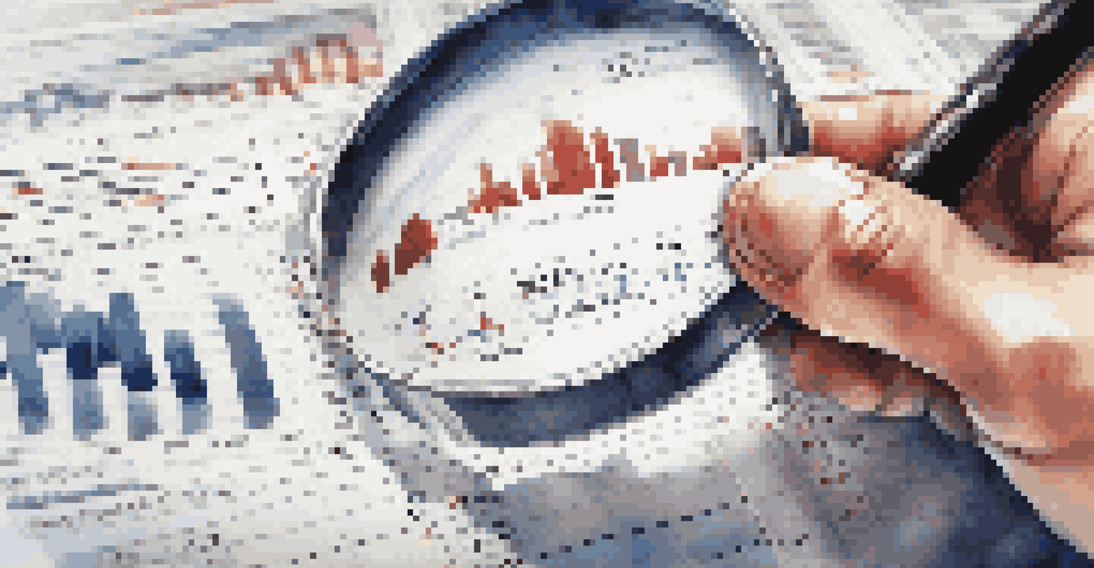 Hands holding a magnifying glass over a stock market report with graphs, set against a blurred image of a trading floor.