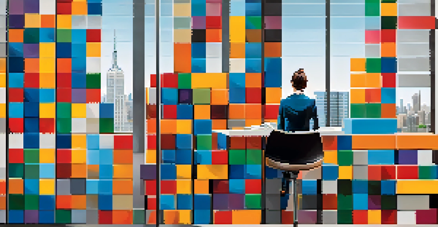 A person in a modern office rebalancing their investment portfolio represented by colorful building blocks, with a city skyline visible through a large window.