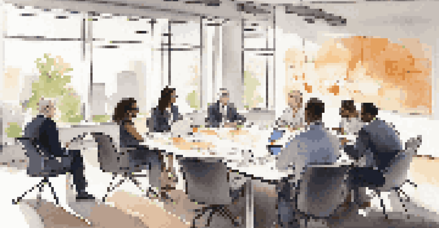 A diverse group of business professionals discussing strategies around a conference table with laptops and documents.