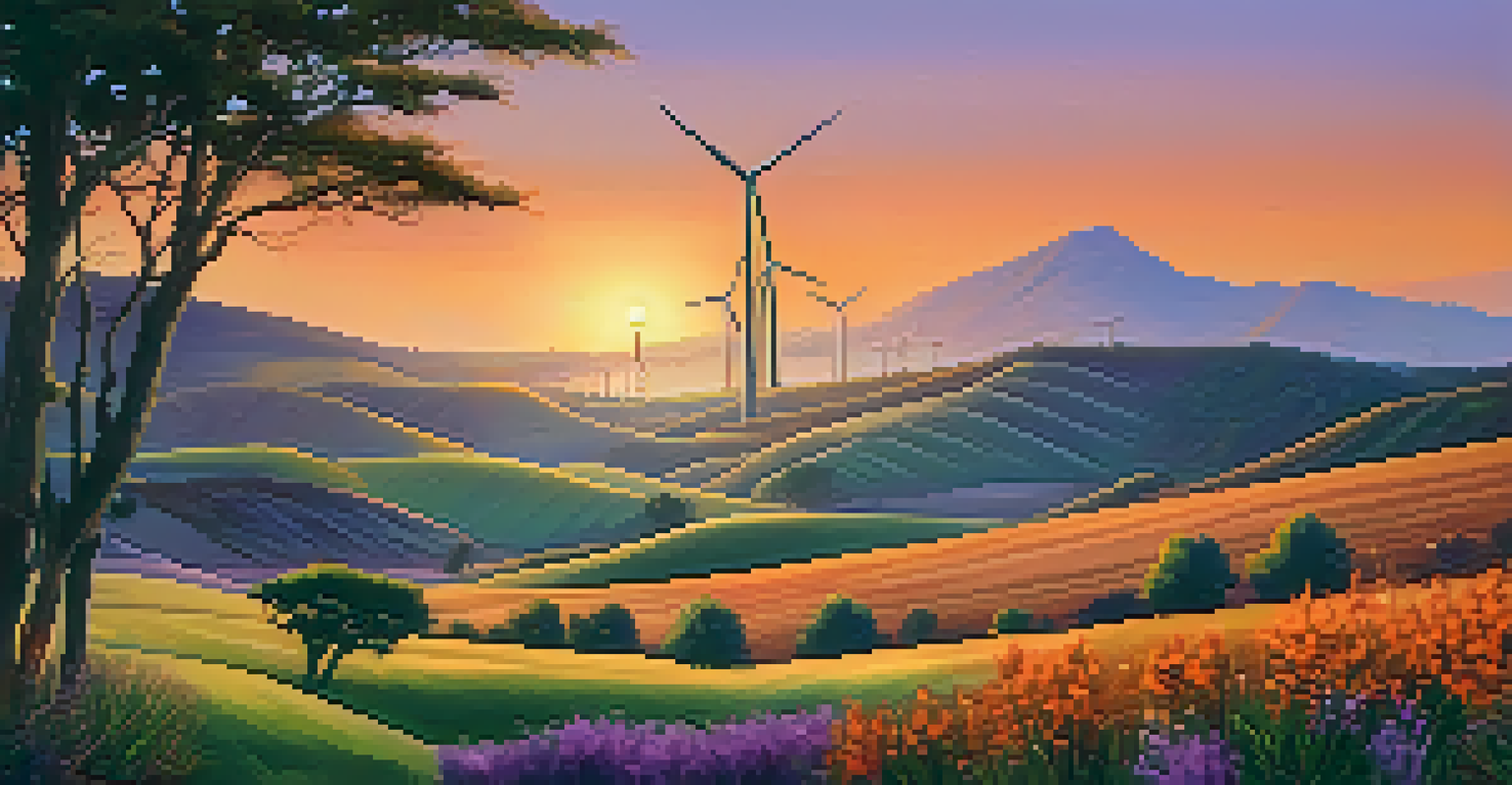 A peaceful landscape with wind turbines on hills at sunset, representing sustainability in investment.