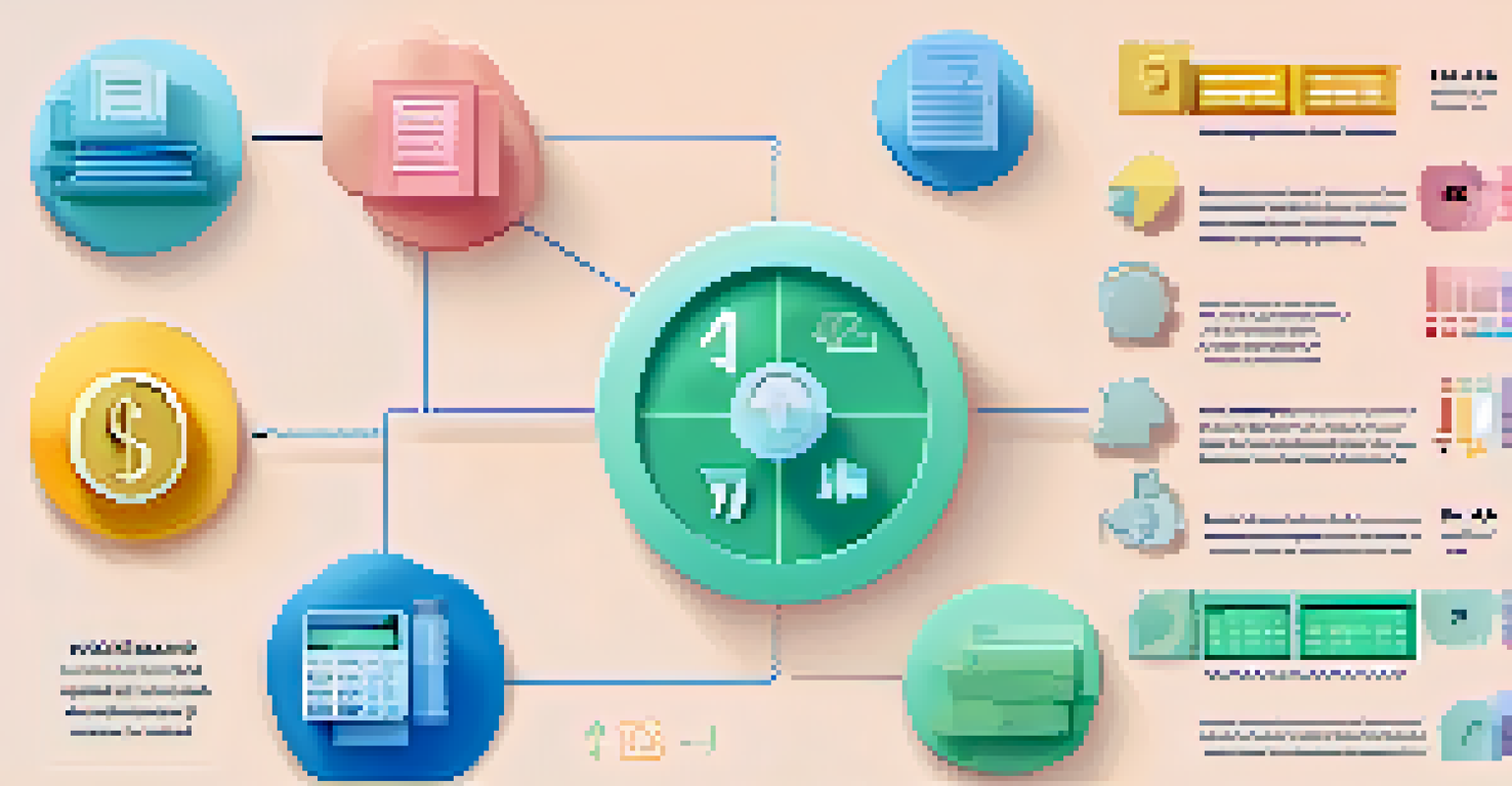 An infographic showing steps to create a budget with icons and a pastel background.