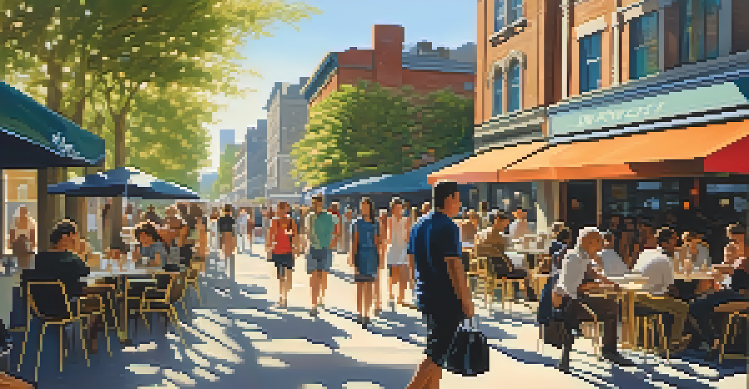 A lively city street filled with people, modern buildings, and colorful street art under warm sunlight.