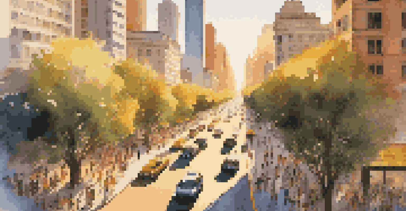 A cityscape during golden hour, with sunlight illuminating skyscrapers and bustling streets filled with cars and people.