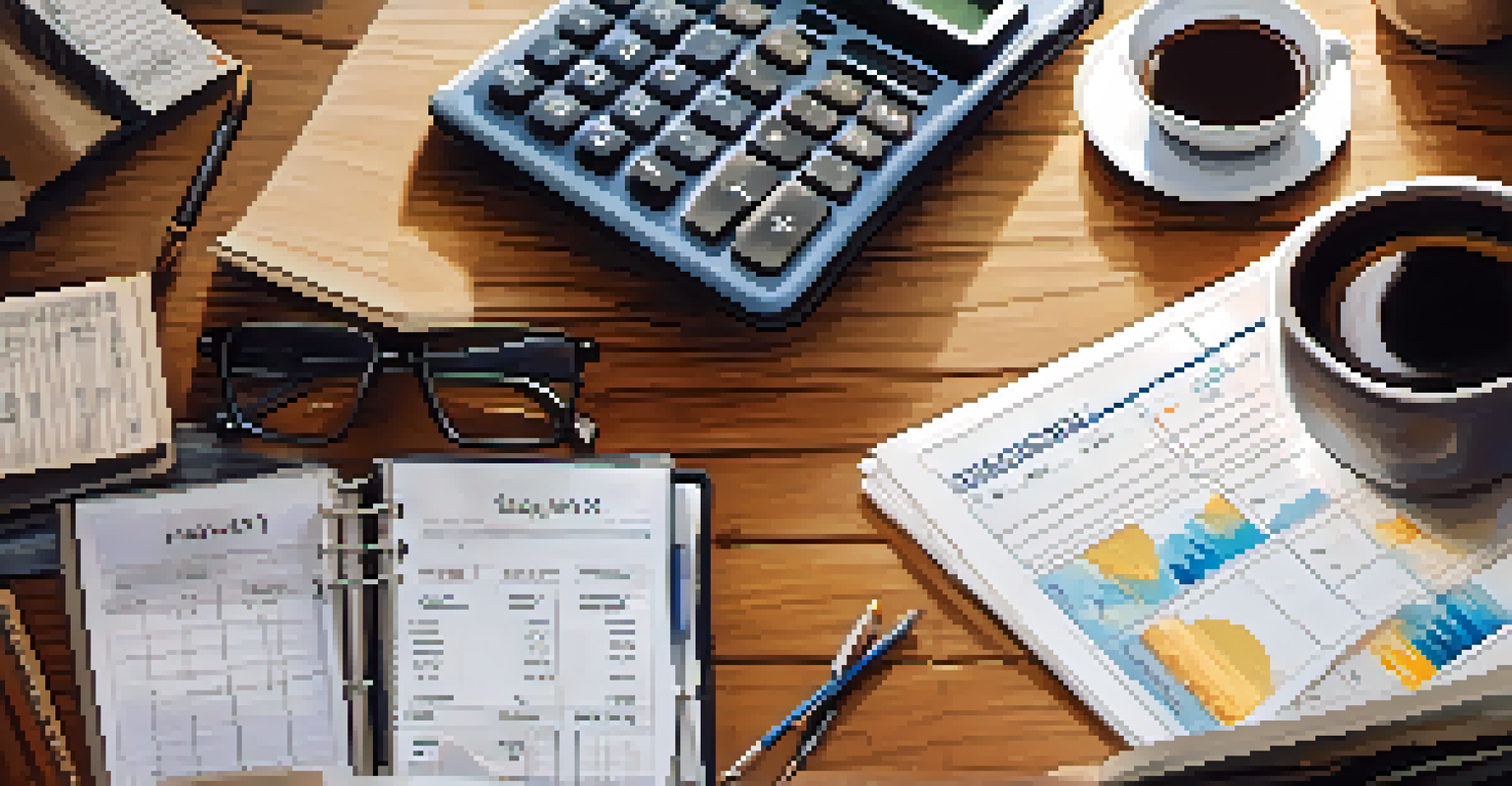 An overhead view of a person analyzing financial documents on a table, accompanied by a calculator and coffee, showcasing a moment of financial planning.