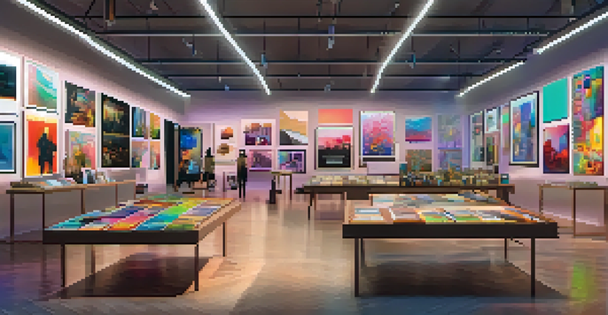 A digital art marketplace with colorful thumbnails of different NFTs on display in a modern gallery setting.