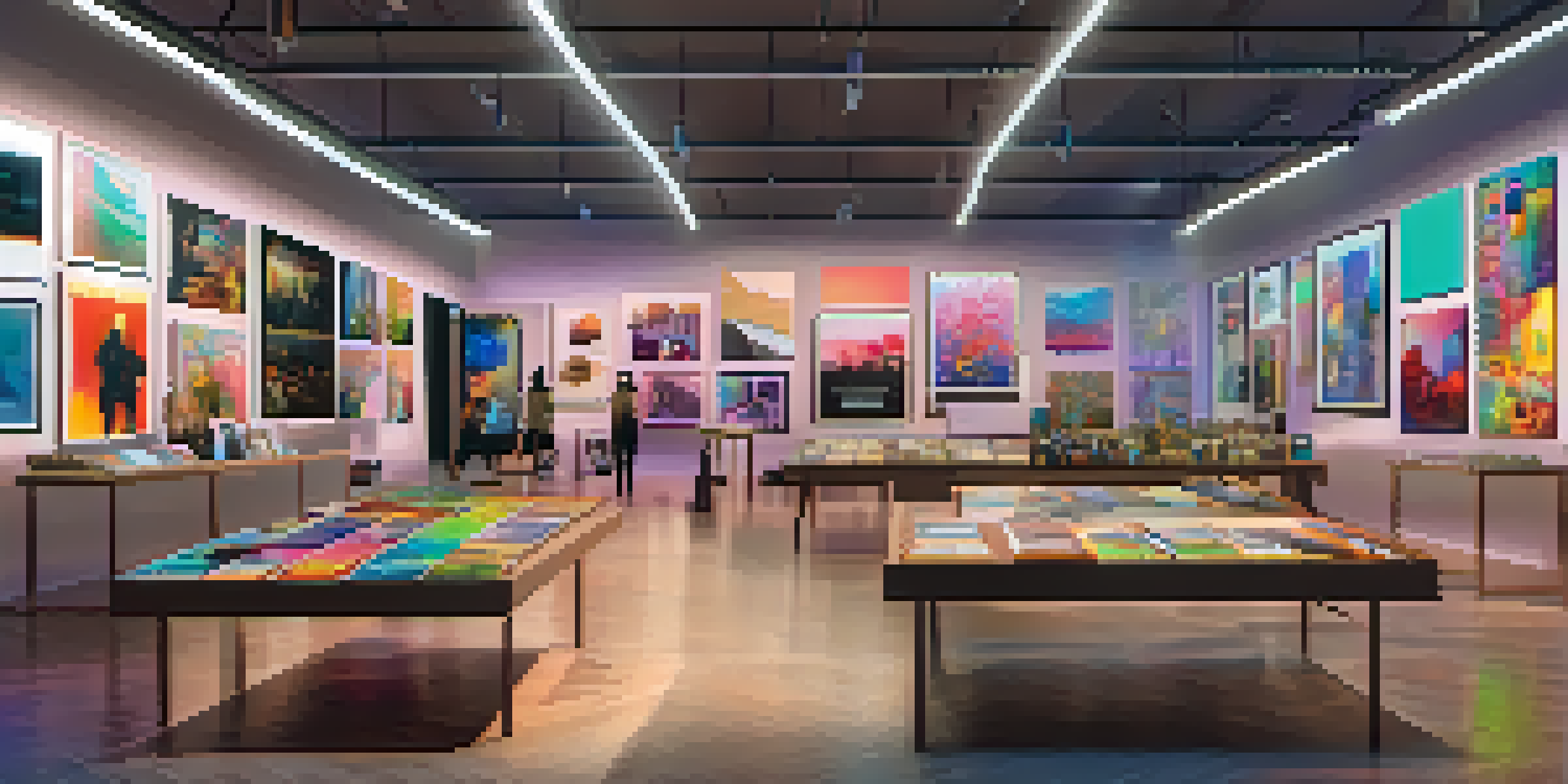 A digital art marketplace with colorful thumbnails of different NFTs on display in a modern gallery setting.