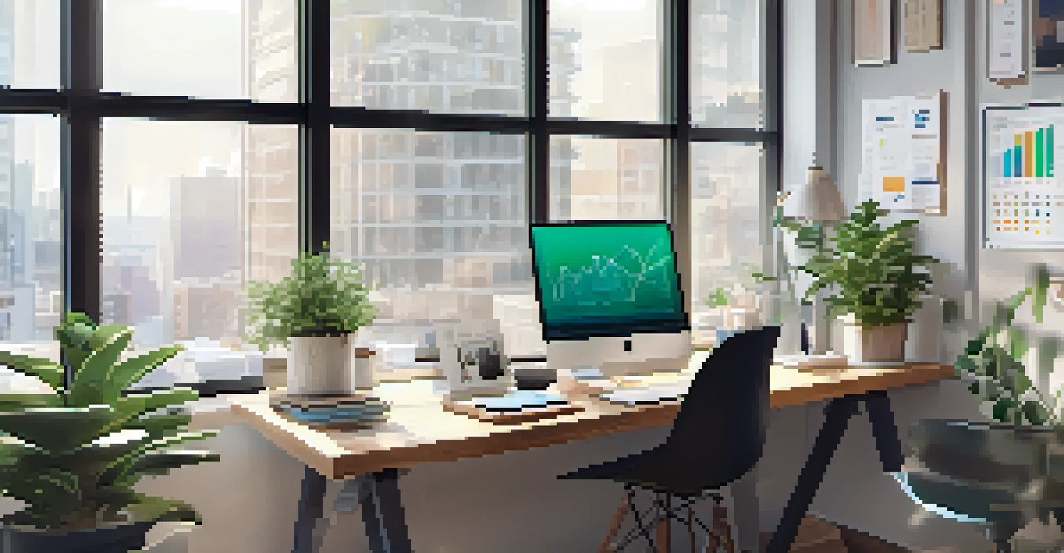 A modern office workspace with a laptop displaying financial graphs and a well-organized desk.