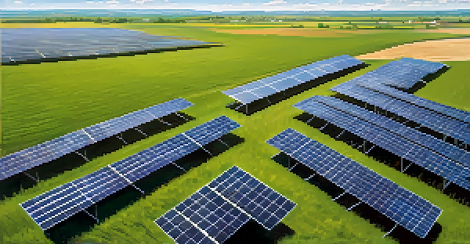 A solar farm with solar panels and wind turbines in the background, surrounded by green fields and blue sky.