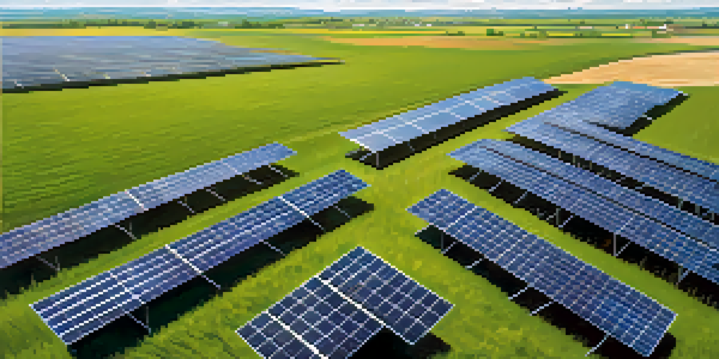A solar farm with solar panels and wind turbines in the background, surrounded by green fields and blue sky.