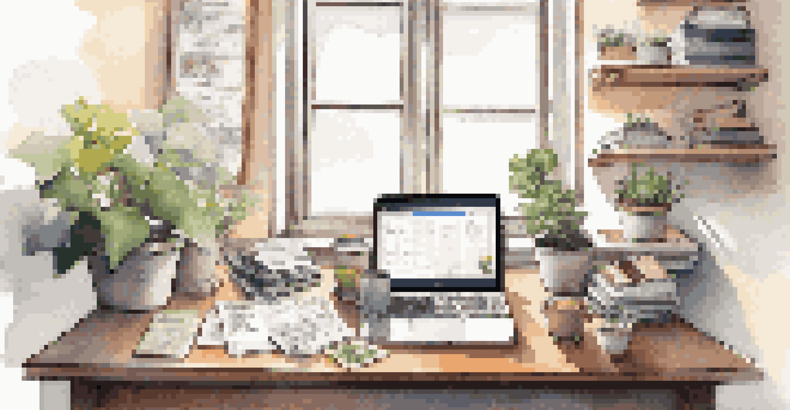 A modern workspace with a laptop, financial books, and motivational sticky notes, bathed in natural light.