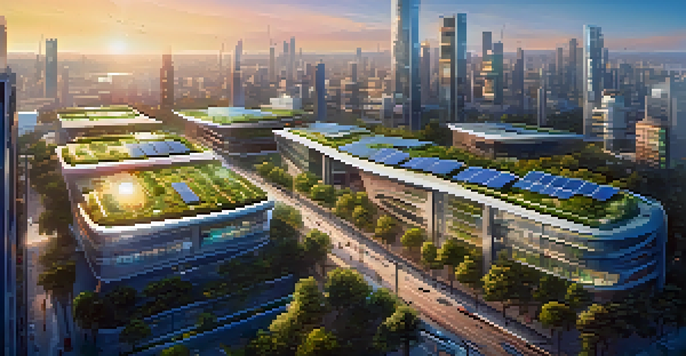 A futuristic city with smart infrastructure, featuring solar panels and smart traffic lights, during golden hour with a clear blue sky.