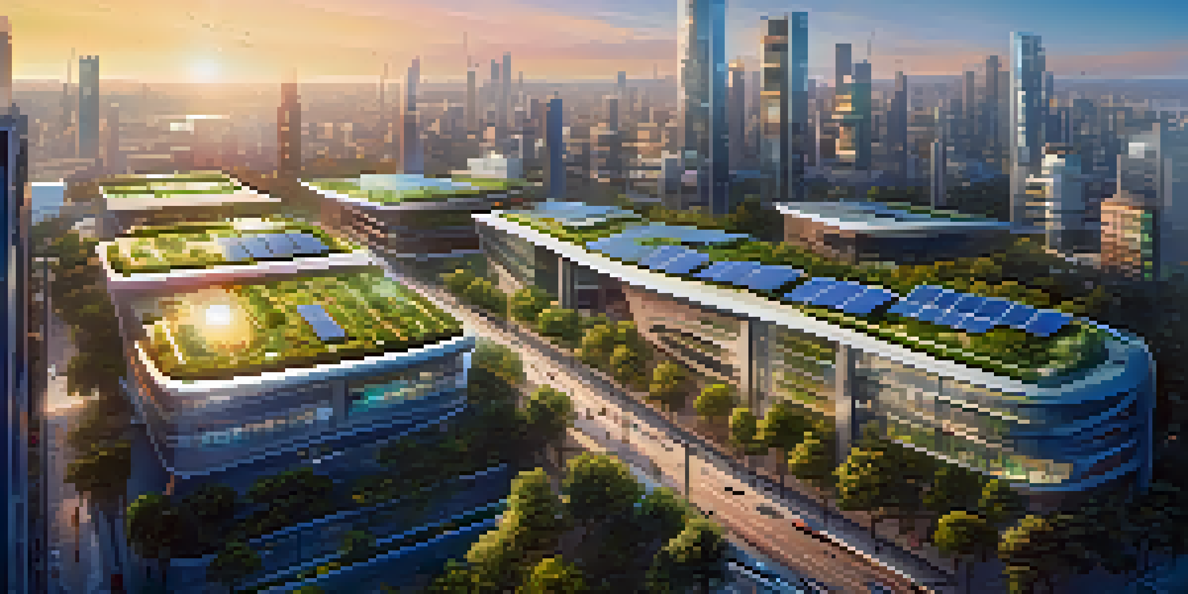 A futuristic city with smart infrastructure, featuring solar panels and smart traffic lights, during golden hour with a clear blue sky.