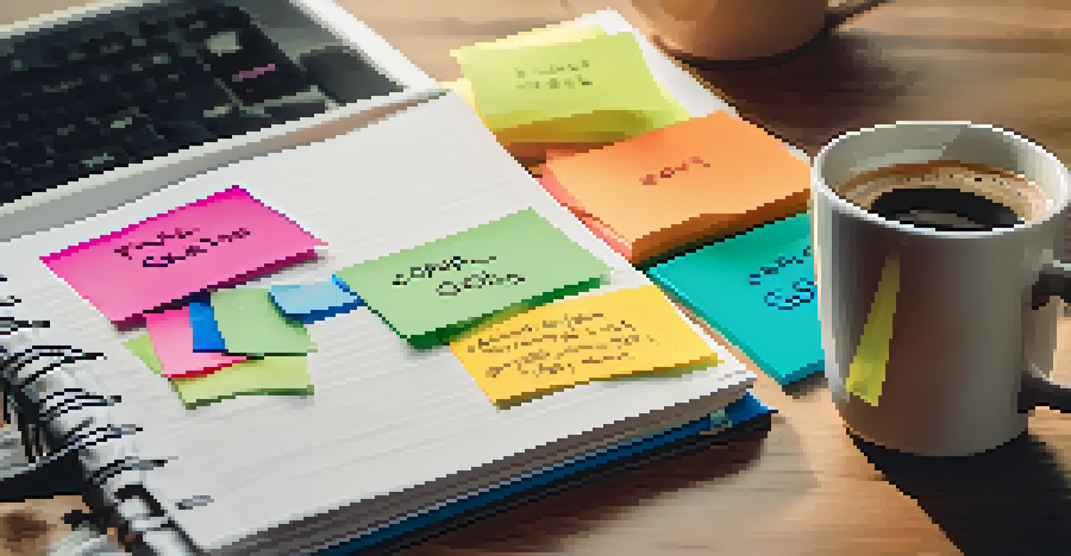 A hand writing financial goals in a notebook with sticky notes and a coffee cup around, illuminated by soft morning light.