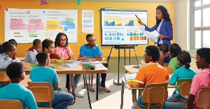 A classroom filled with students of different ethnicities learning about budgeting in a financial literacy workshop, with a teacher at the whiteboard.
