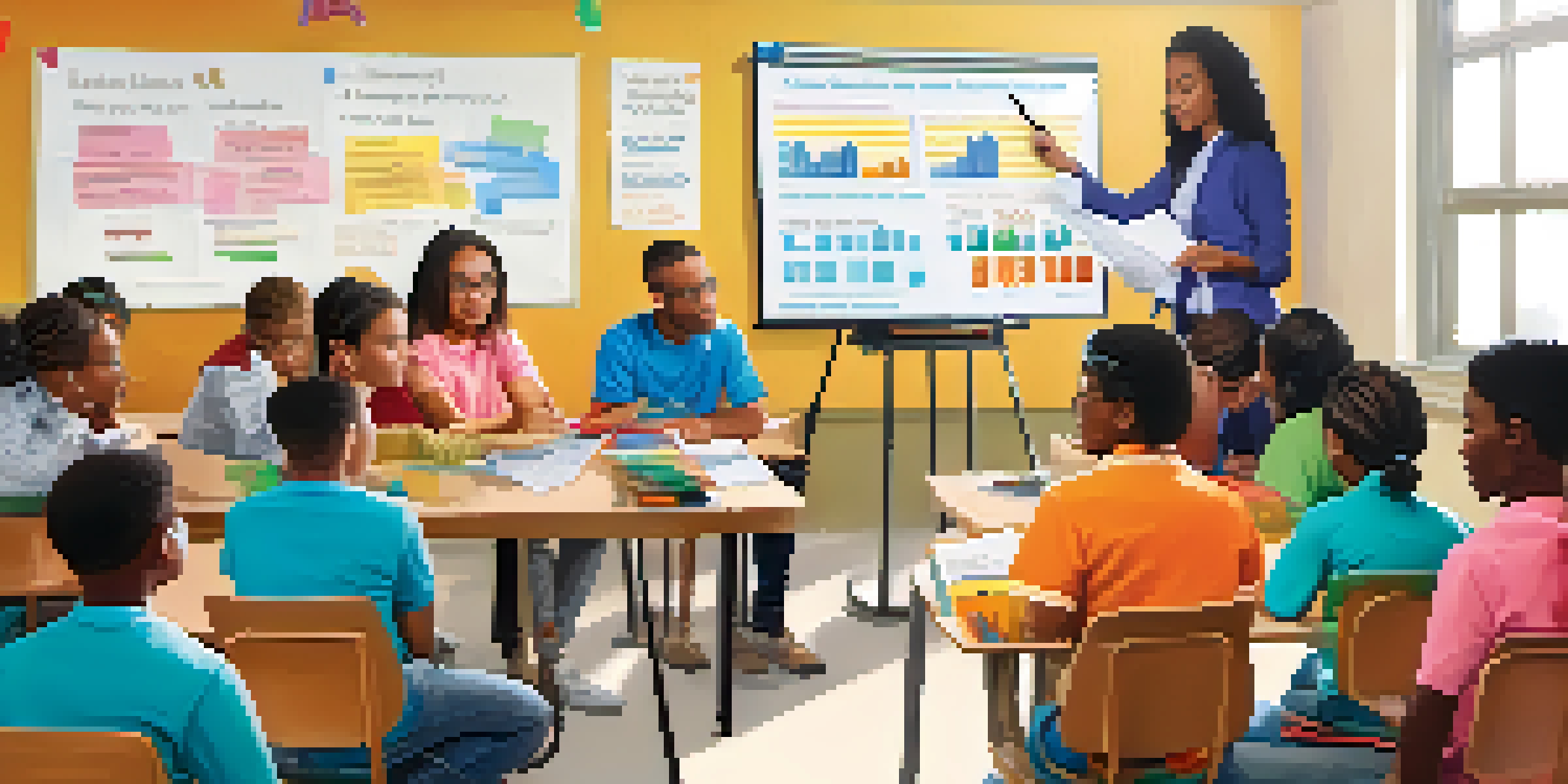 A classroom filled with students of different ethnicities learning about budgeting in a financial literacy workshop, with a teacher at the whiteboard.