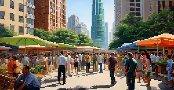 A bustling city scene showcasing construction and diverse people, with a sunny atmosphere reflecting rapid growth.