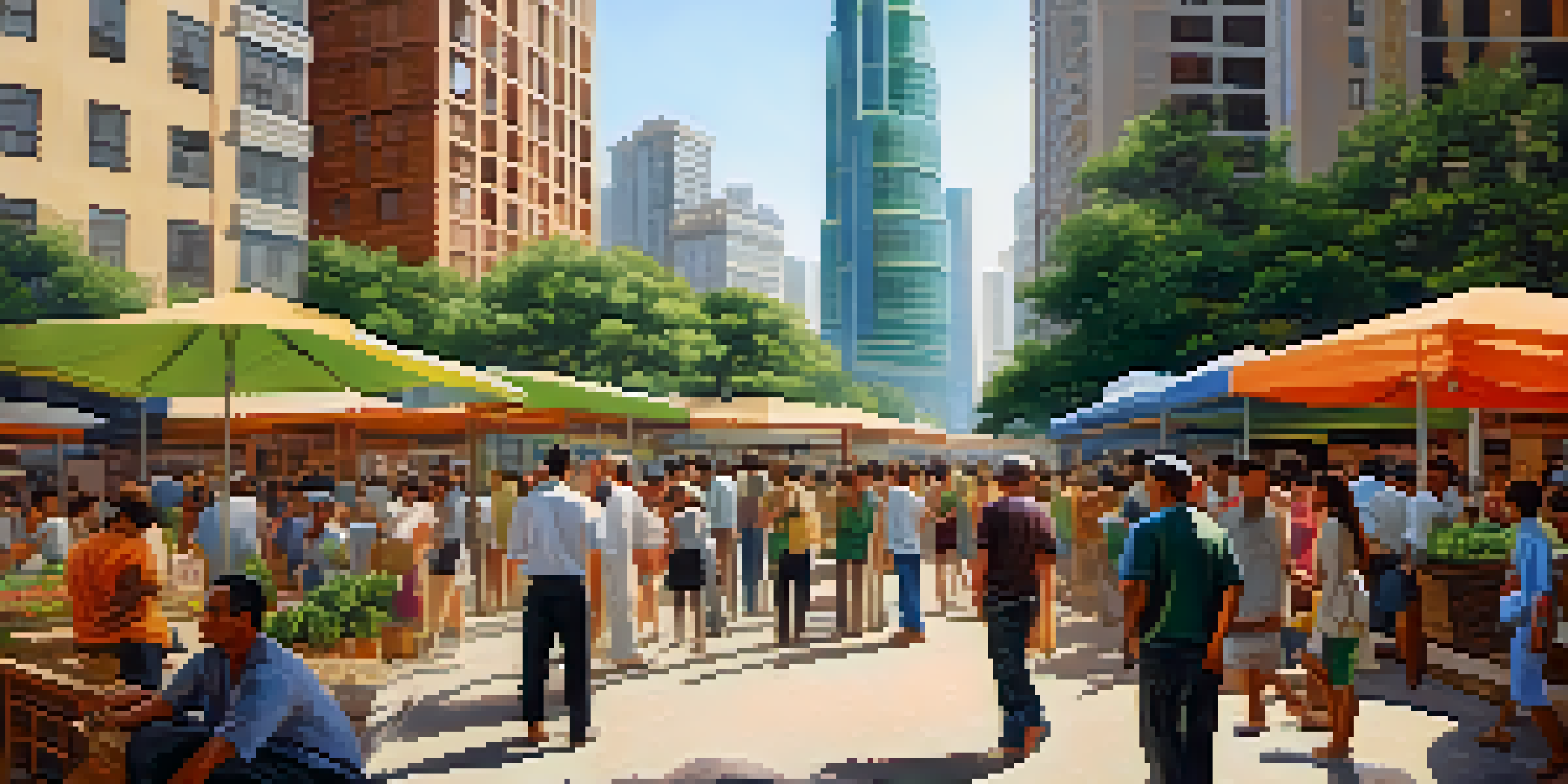 A bustling city scene showcasing construction and diverse people, with a sunny atmosphere reflecting rapid growth.