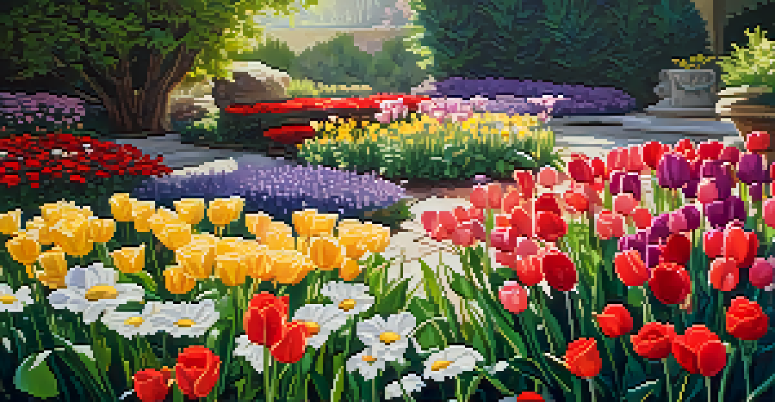 A close-up of a vibrant flower garden with blooming flowers glistening with dew under sunlight.