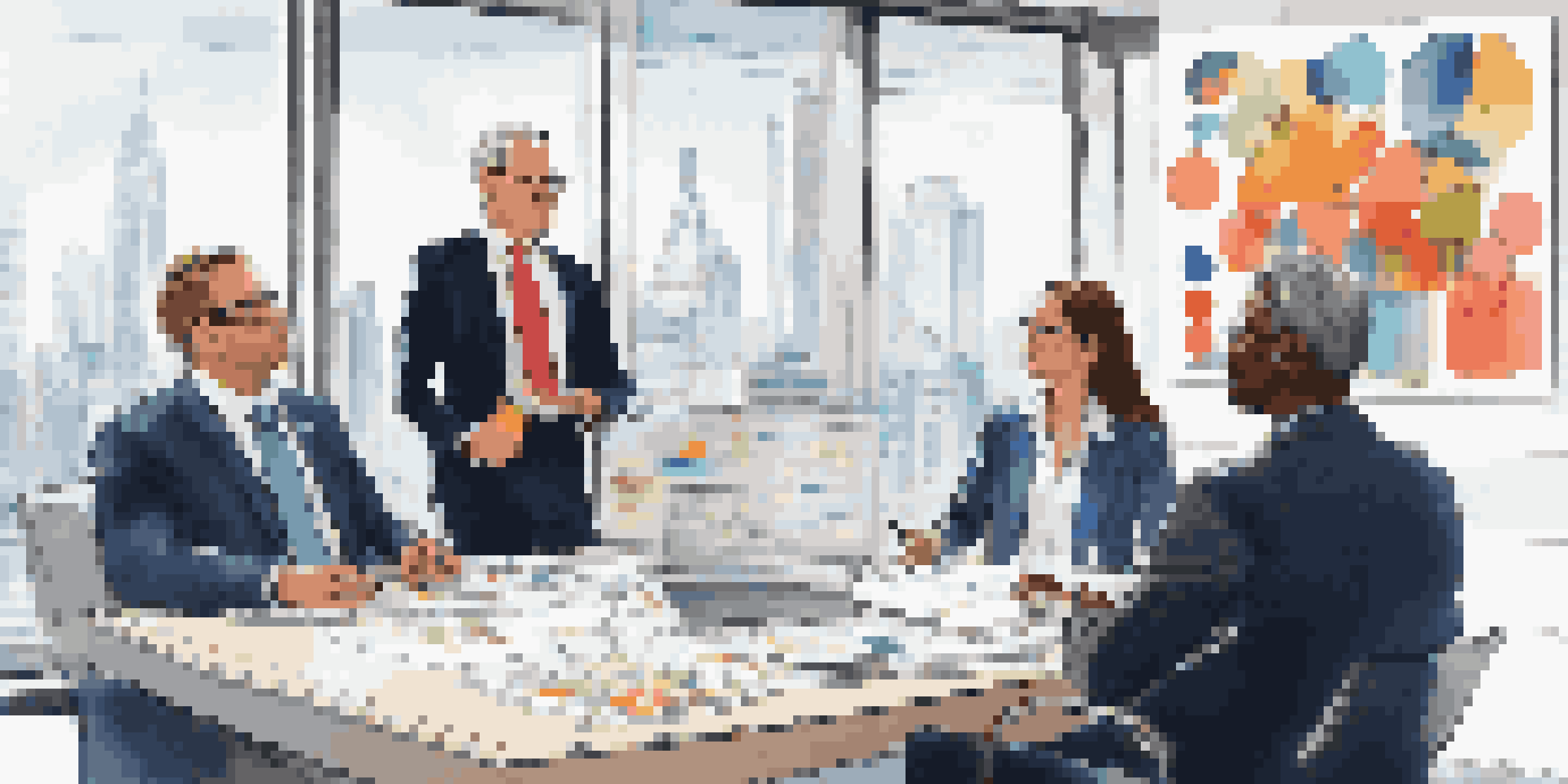 A financial advisor explaining financial tools to a diverse group of engaged clients at a modern desk, surrounded by colorful charts and graphs.