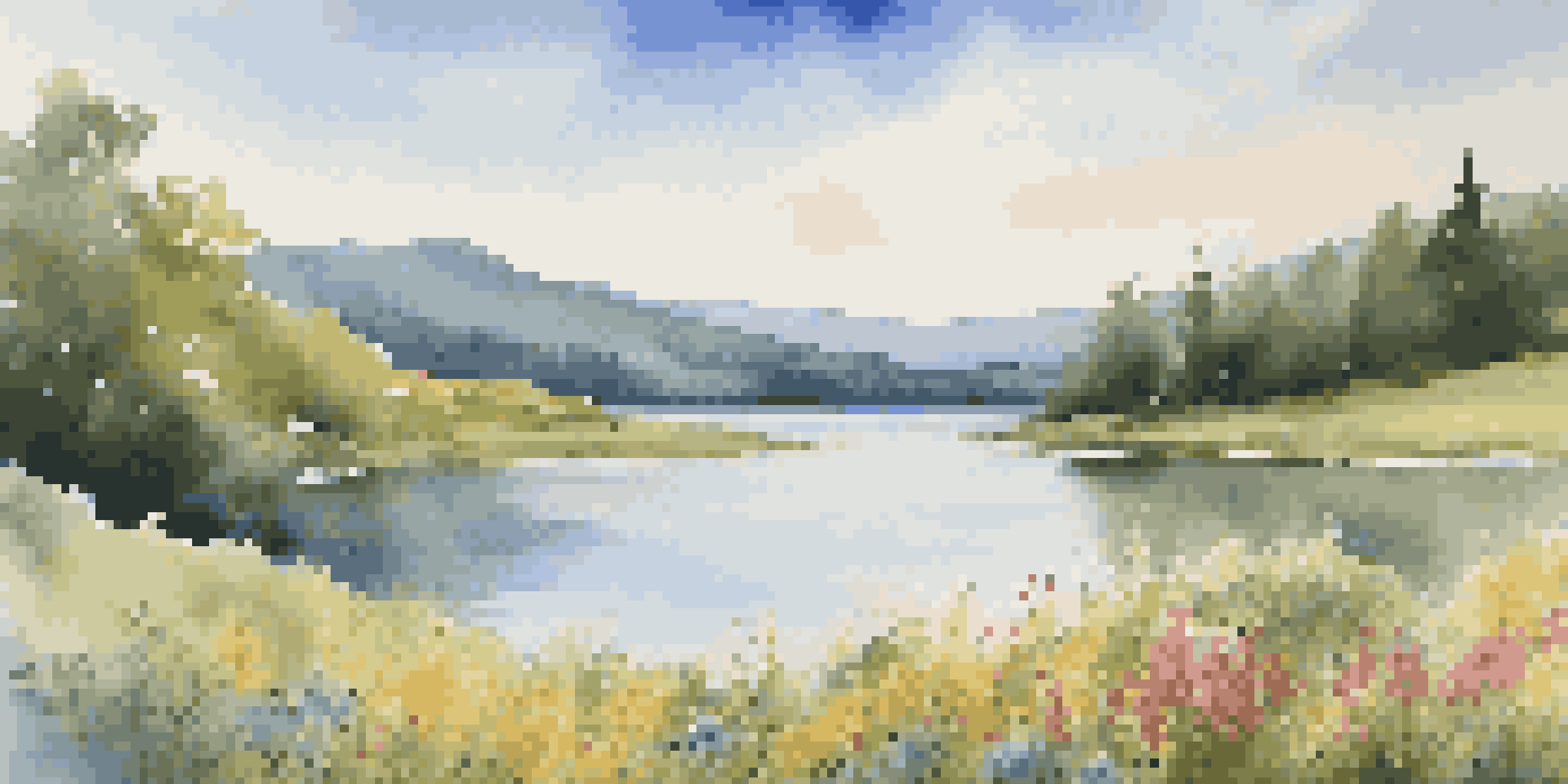 A peaceful lake surrounded by green hills and wildflowers, with a clear blue sky and fluffy clouds above.