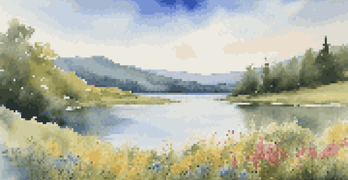 A peaceful lake surrounded by green hills and wildflowers, with a clear blue sky and fluffy clouds above.