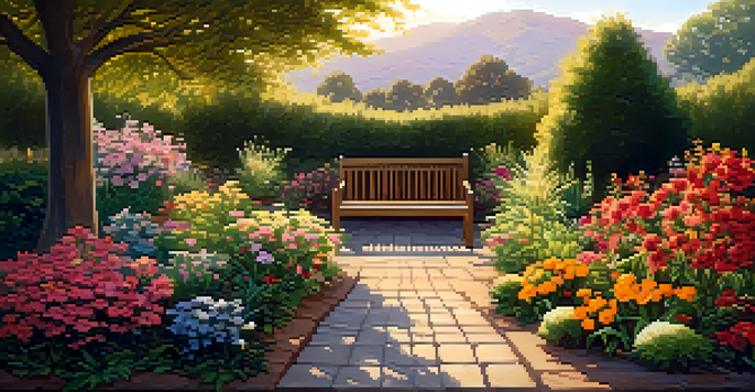 A vibrant garden filled with various flowers under a golden sunset, featuring a wooden bench for relaxation.
