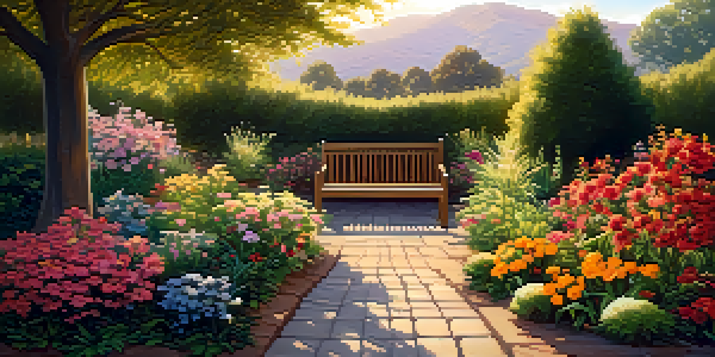 A vibrant garden filled with various flowers under a golden sunset, featuring a wooden bench for relaxation.