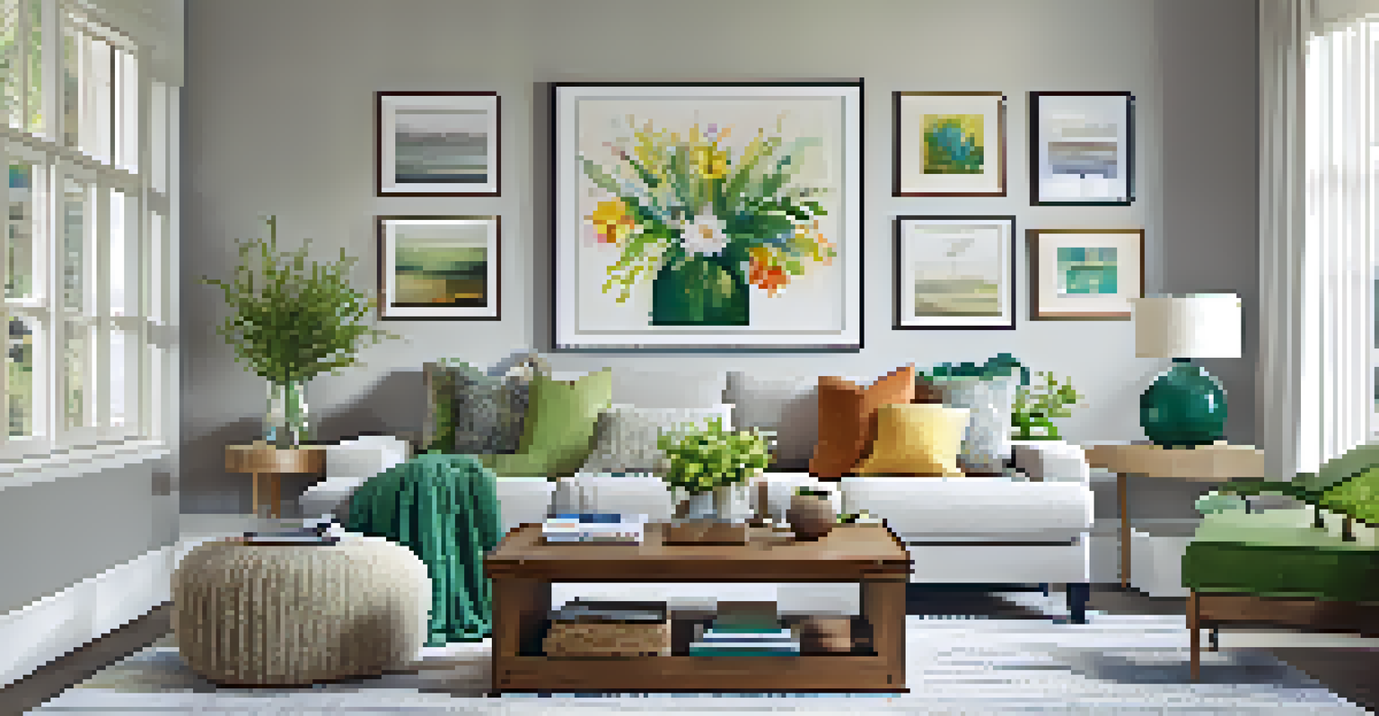A cozy living room with a couch, coffee table, and artwork, filled with natural light.