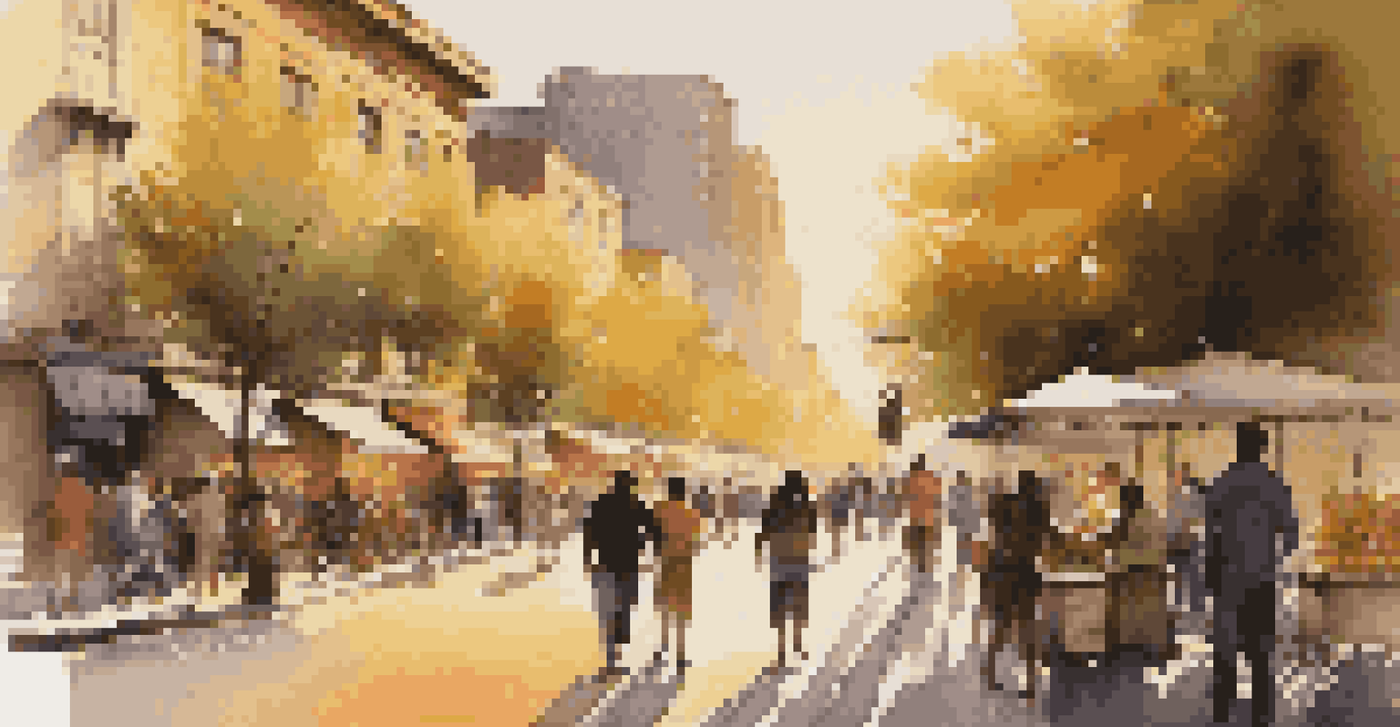 A vibrant city street at sunset with people walking, trees lining the boulevard, and colorful buildings reflecting the sunset.