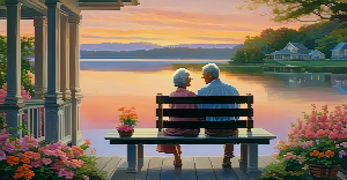 A happy couple sitting on a porch by a lake during sunset, enjoying a peaceful retirement.