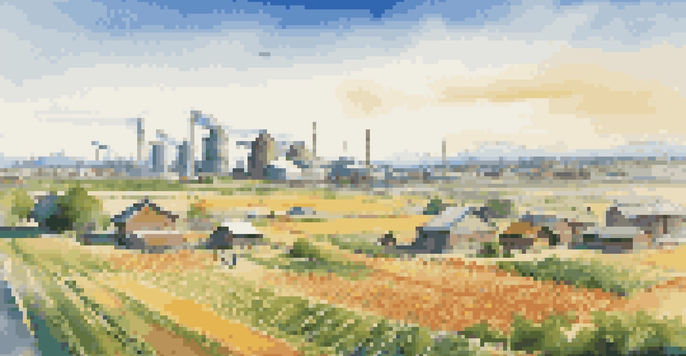 A colorful landscape showing a mix of agriculture, industry, and technology, symbolizing a diversified economy.