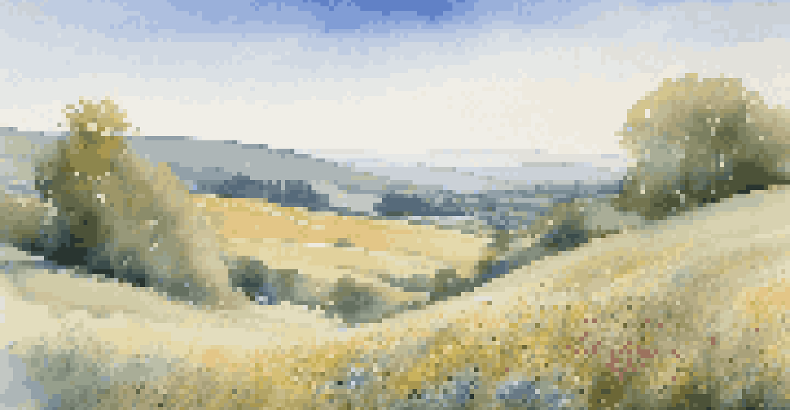 A peaceful countryside with rolling hills, a field of colorful wildflowers, and a small stream under a clear blue sky.