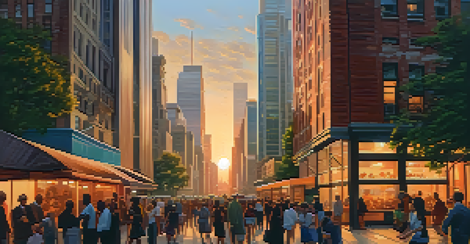 A bustling financial district at sunset, with people walking among skyscrapers, capturing the vibrancy of urban investment activity.
