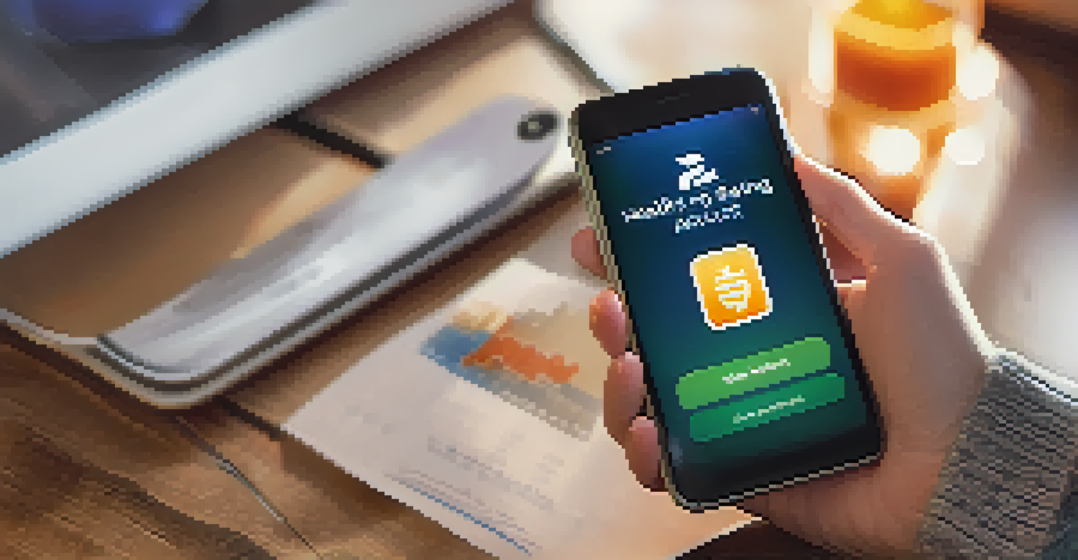 Close-up of hands using a smartphone app for health savings accounts in a cozy living room with warm lighting.
