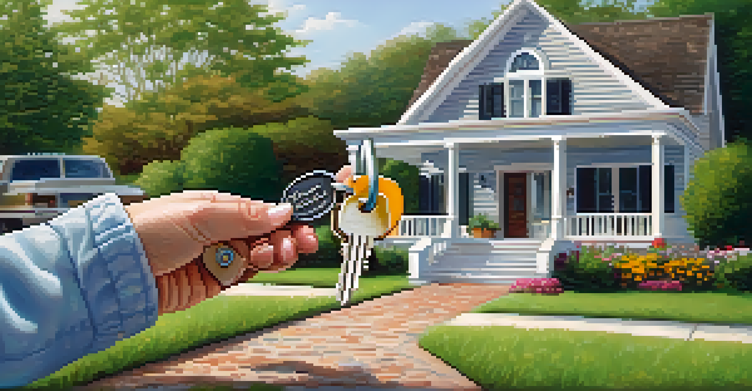 A hand holding a house key with a beautiful house and garden in the background, representing homeownership.