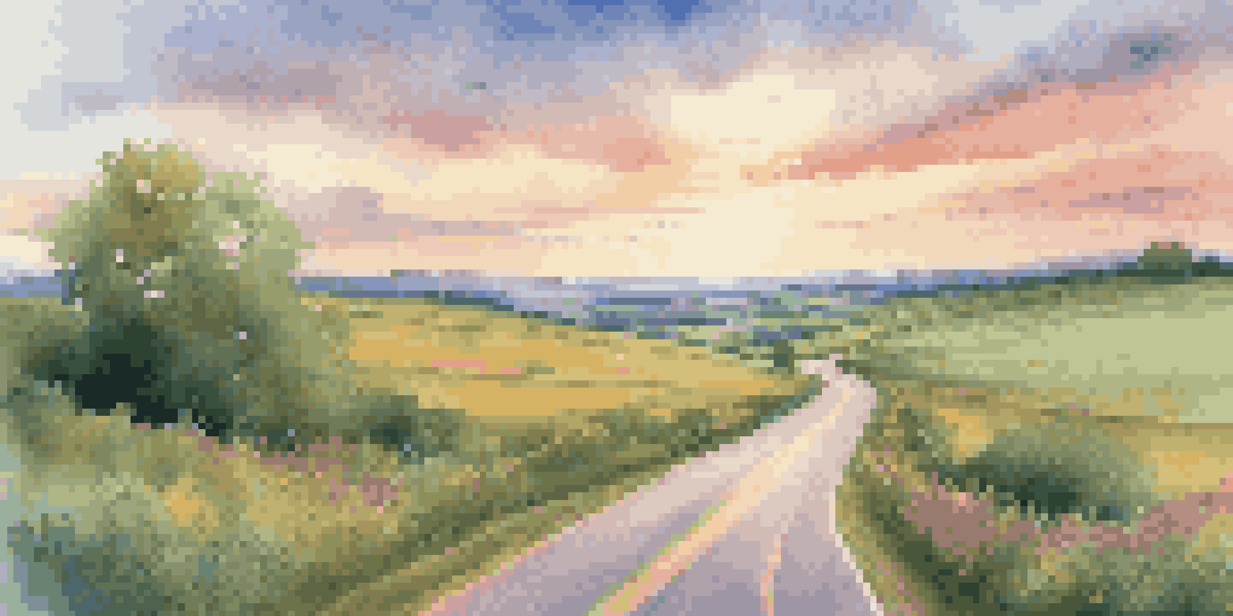 A winding road in a peaceful landscape with a signpost indicating various investment goals, under a pastel-colored sky at dawn.