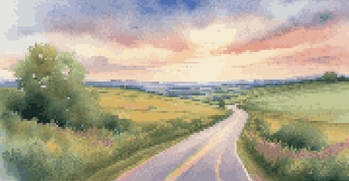 A winding road in a peaceful landscape with a signpost indicating various investment goals, under a pastel-colored sky at dawn.