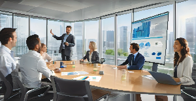 A diverse group of employees discussing stock options in a bright conference room with charts displayed on a screen.