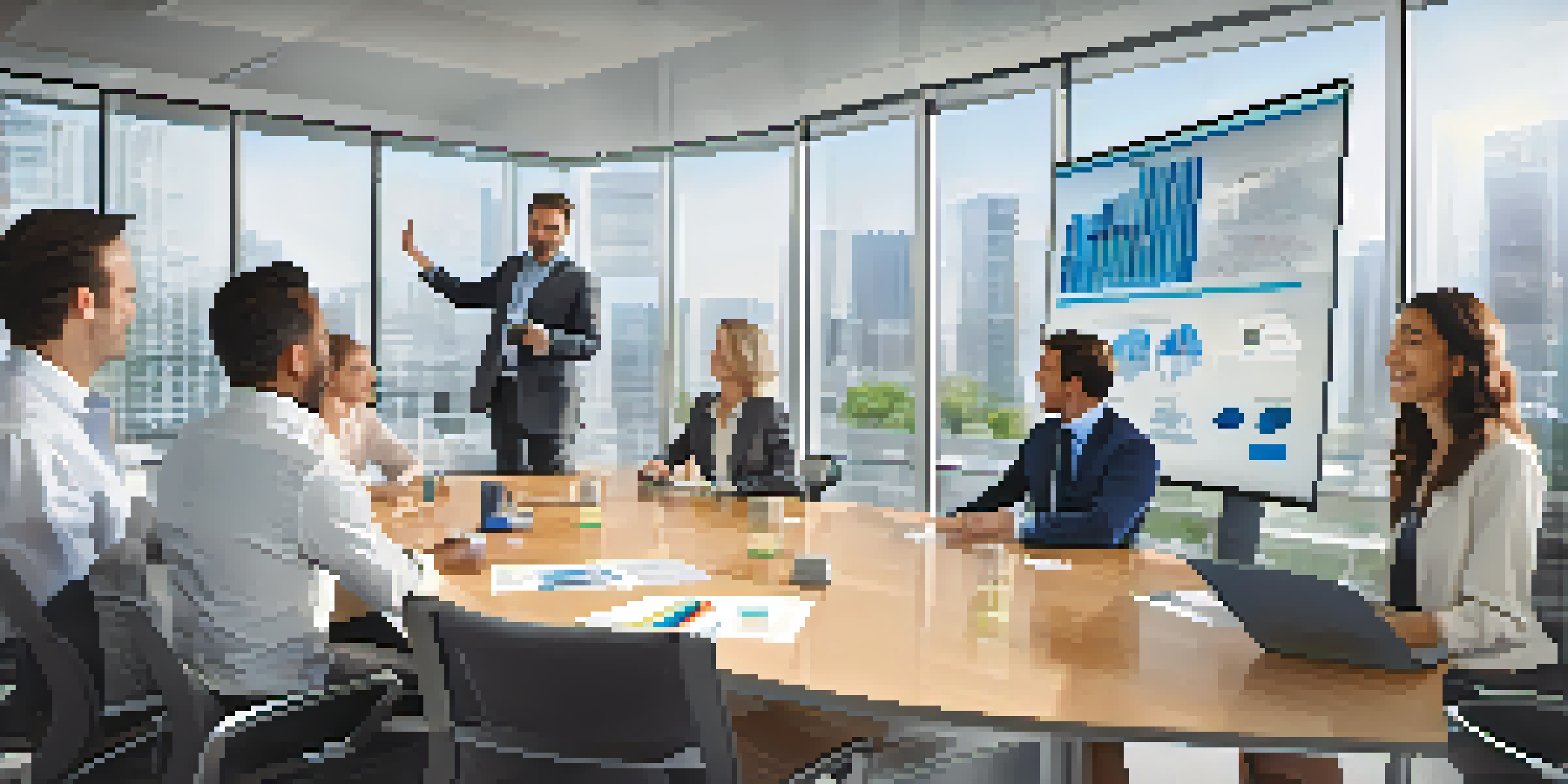 A diverse group of employees discussing stock options in a bright conference room with charts displayed on a screen.