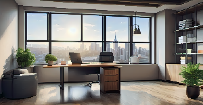 A bright office space with a large window showing a city skyline, featuring a desk with a laptop and financial documents.