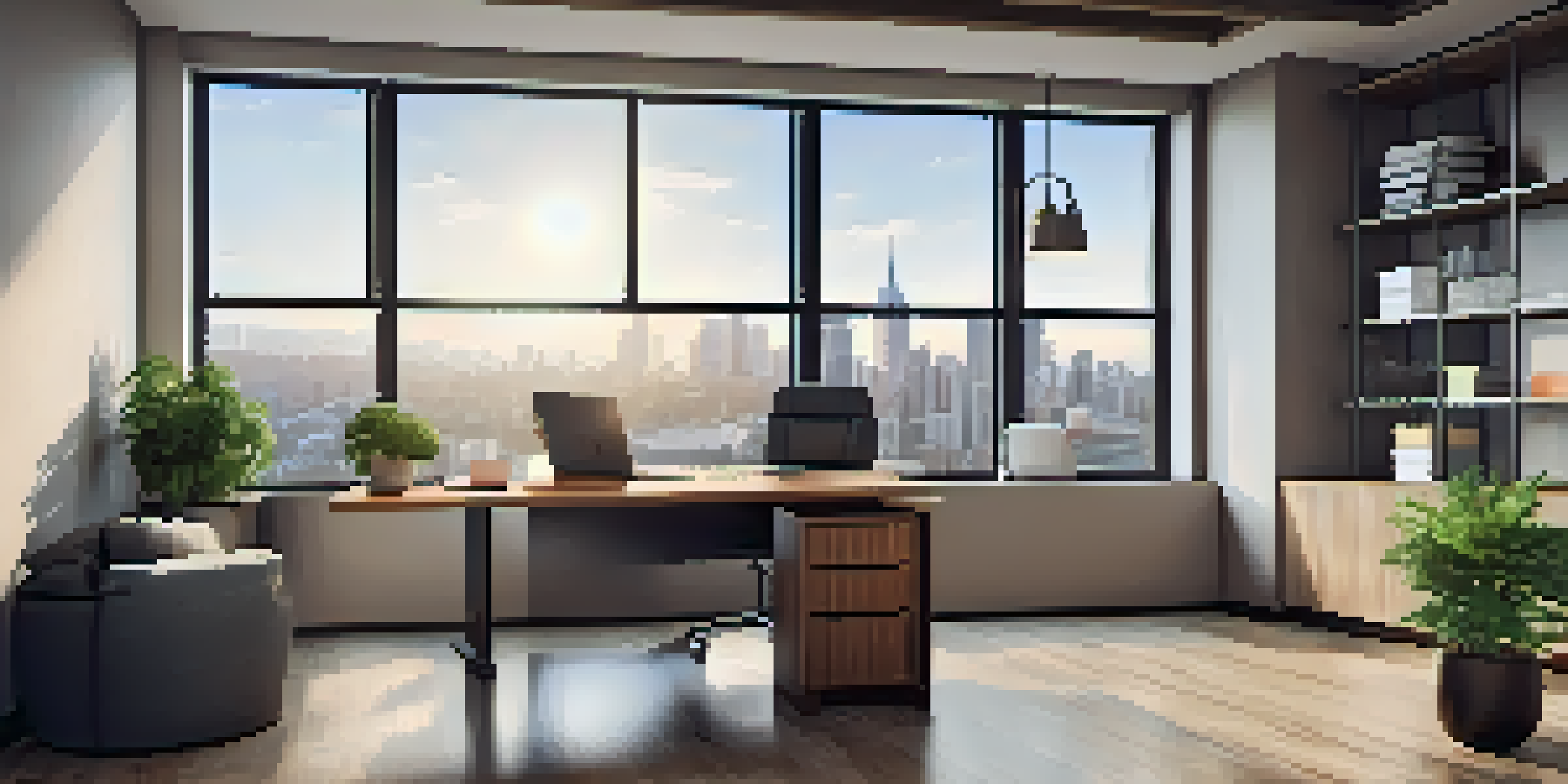 A bright office space with a large window showing a city skyline, featuring a desk with a laptop and financial documents.