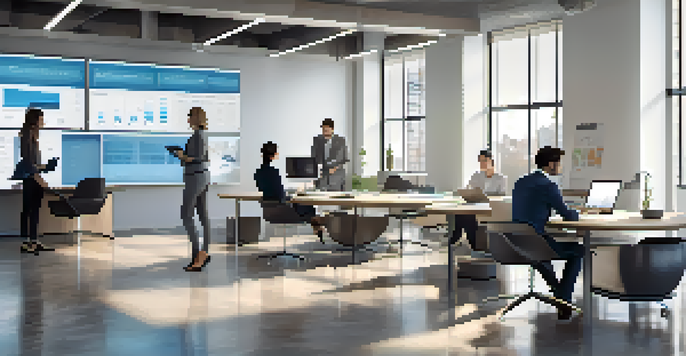 A bright modern office with a diverse group of professionals collaborating around a table, analyzing digital charts on laptops and tablets.