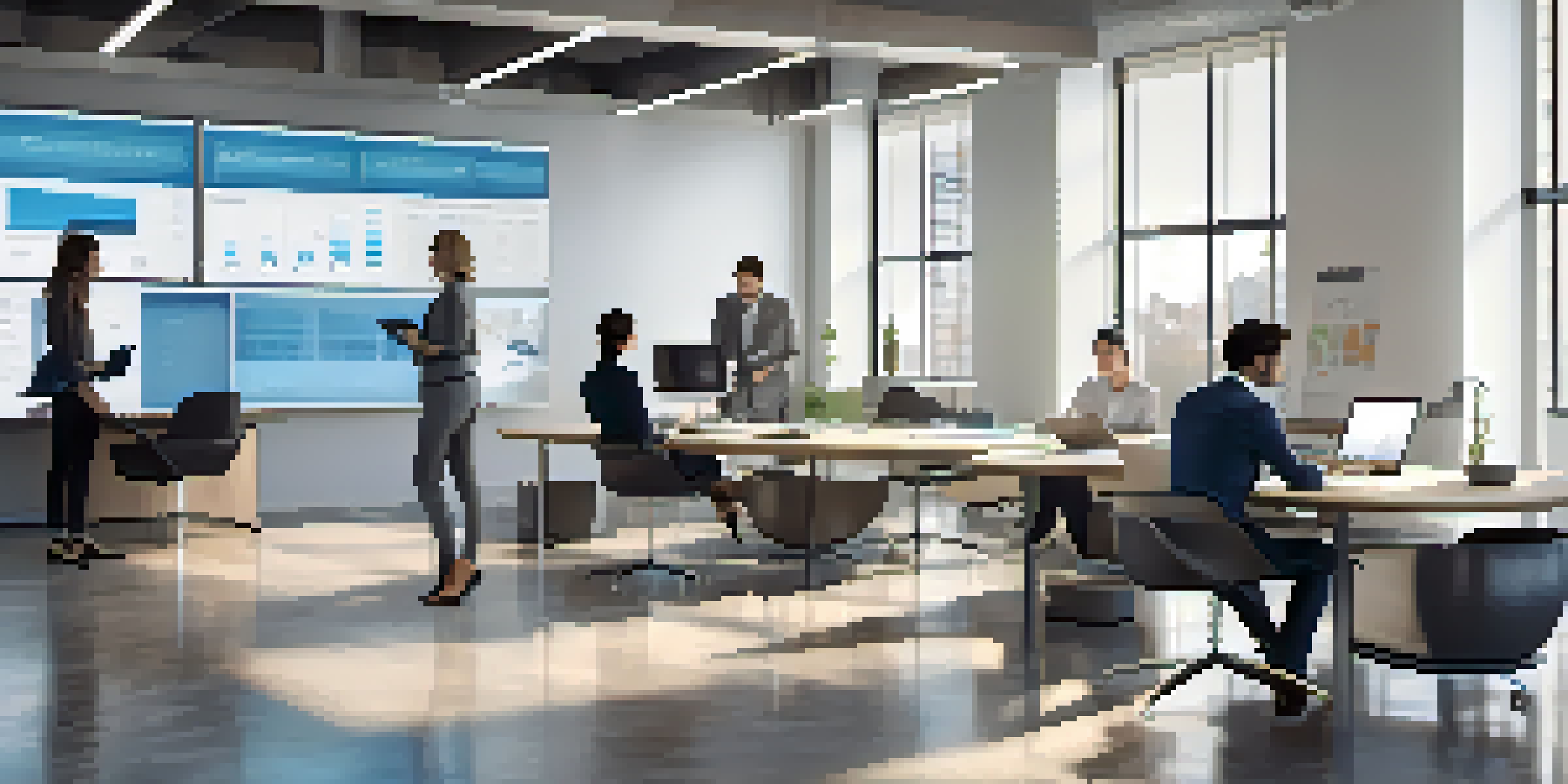 A bright modern office with a diverse group of professionals collaborating around a table, analyzing digital charts on laptops and tablets.