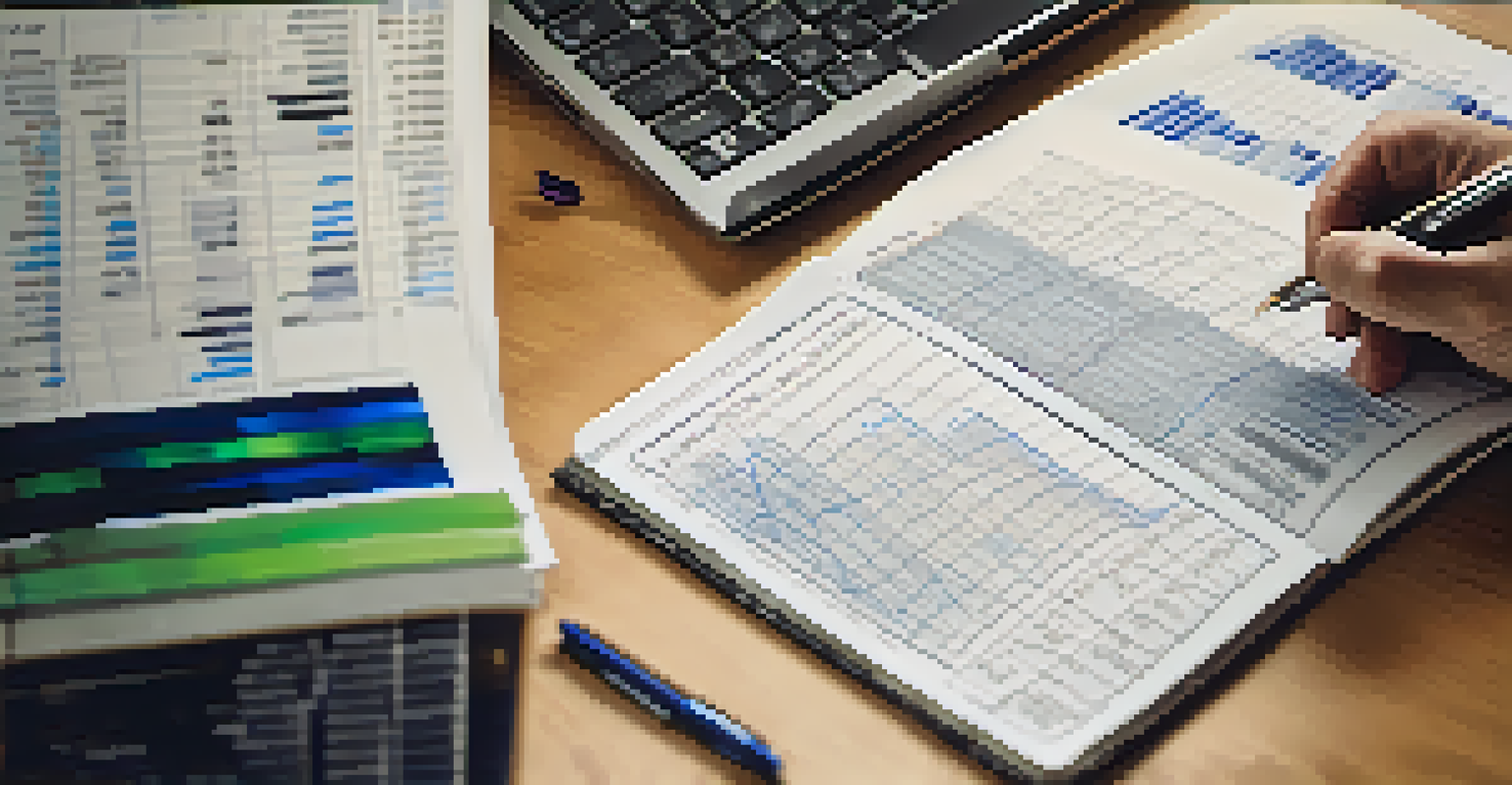 A hand writing in a notebook with financial charts in the background, symbolizing investment analysis.