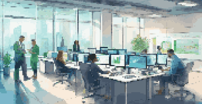 A diverse group of professionals in a bright fintech office collaborating over technology, with screens showing financial data and charts.