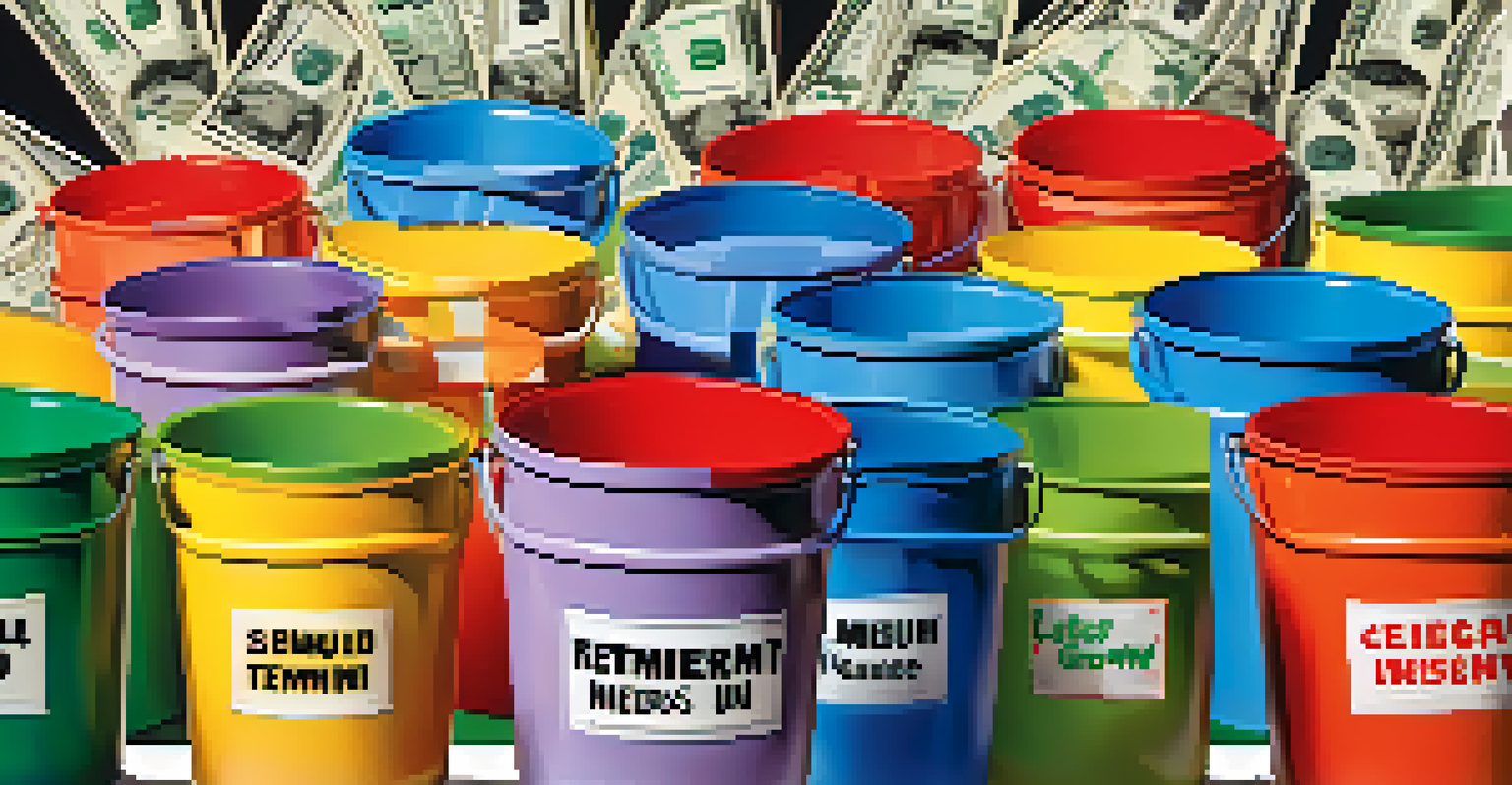 An artistic representation of a retirement savings bucket strategy with three labeled buckets filled with cash, stocks, and a house.