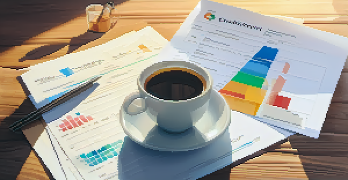 A close-up view of a credit score report on a wooden desk, accompanied by a cup of coffee, with colorful graphs and warm sunlight filtering through a window.