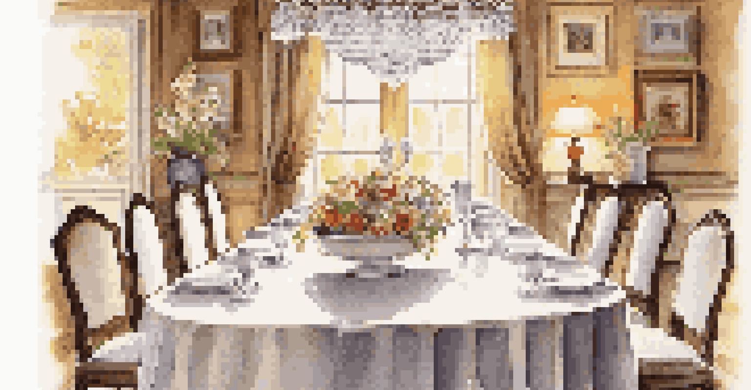 A beautifully set dining table with fine china and a flower centerpiece, illuminated by a chandelier in a warm ambiance.
