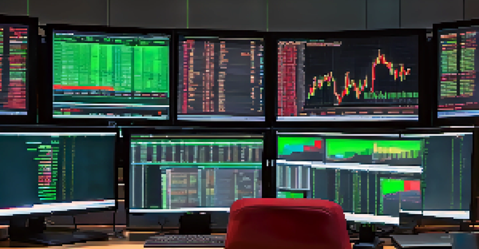A trading desk featuring multiple monitors with stock market data, a laptop, a coffee cup, and trading books, all bathed in natural light.