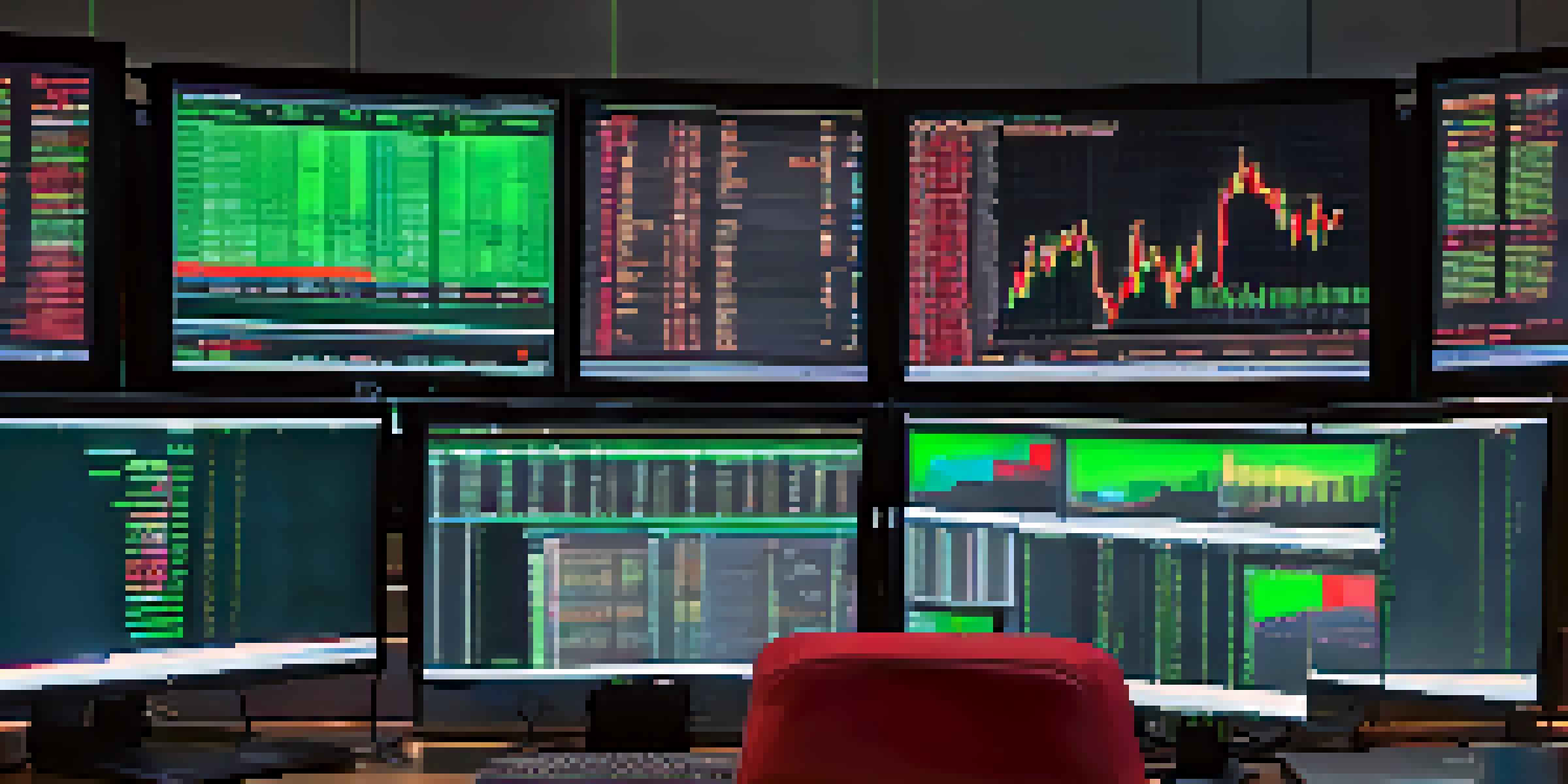 A trading desk featuring multiple monitors with stock market data, a laptop, a coffee cup, and trading books, all bathed in natural light.